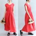 red elastic waist linen dresses loose short sleeve maxi dress